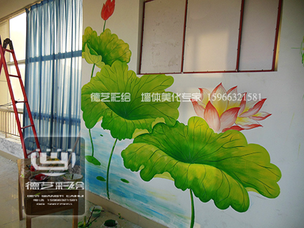 济南职业学院荷花手绘墙体彩绘